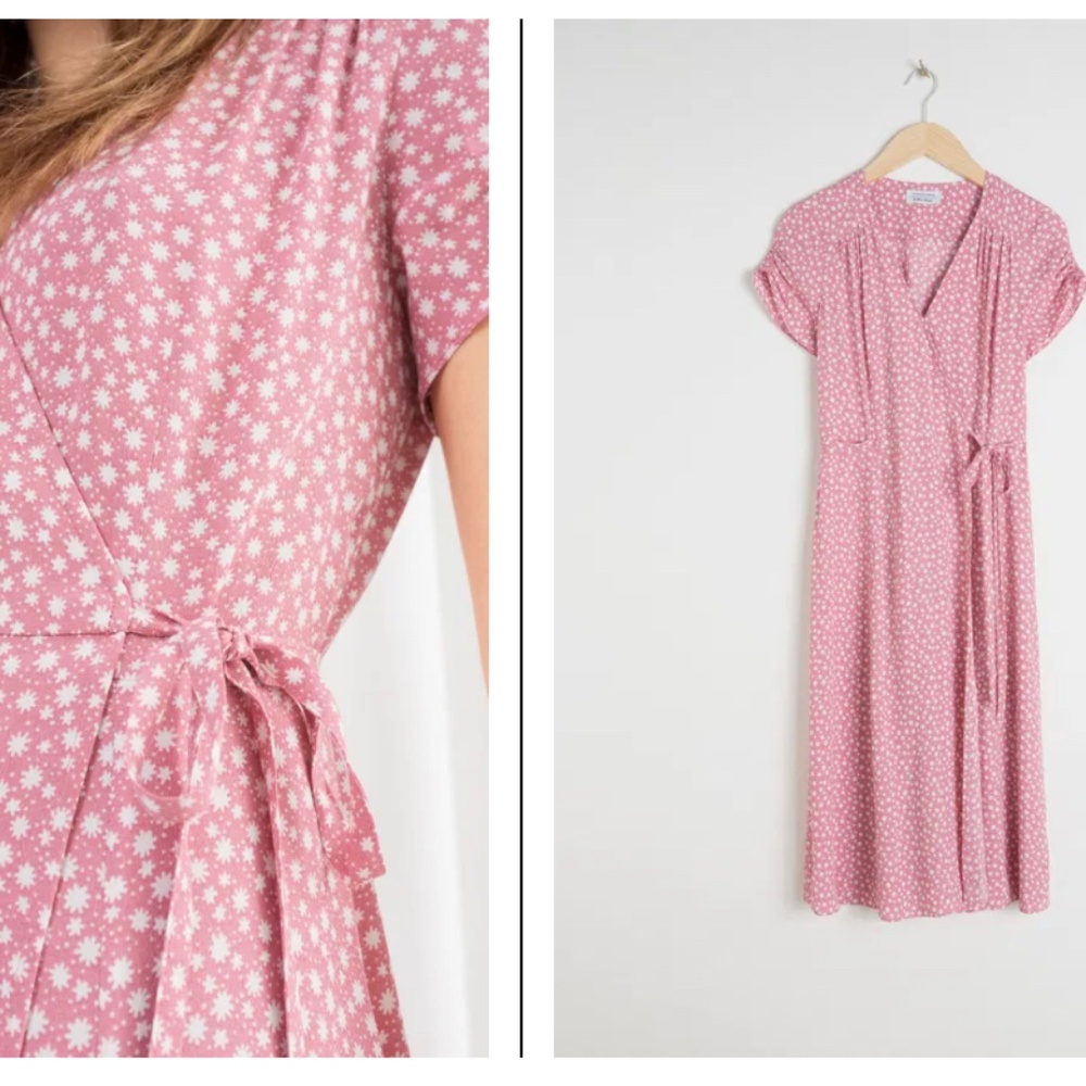 & Other Stories Pink Floral V Neck Wrap Midi Dress Ruched Puffed Sleeves SZ 6 - Picture 2 of 14